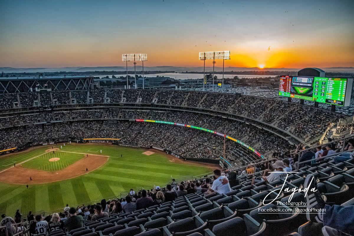 DanjagodaDan's tweet photo. The view from the top row of Mt. Davis... incredible place to watch the sun set!!! Can even see the strike zone pretty well! @Athletics @chrisgiles01 @ticketservices 53,367 people in attendance #rootedinoakland #sunset #whataview #mtdavis #atthecoliseum #BattleoftheBay #SFvsOAK https://t.co/r6ENcunC3I