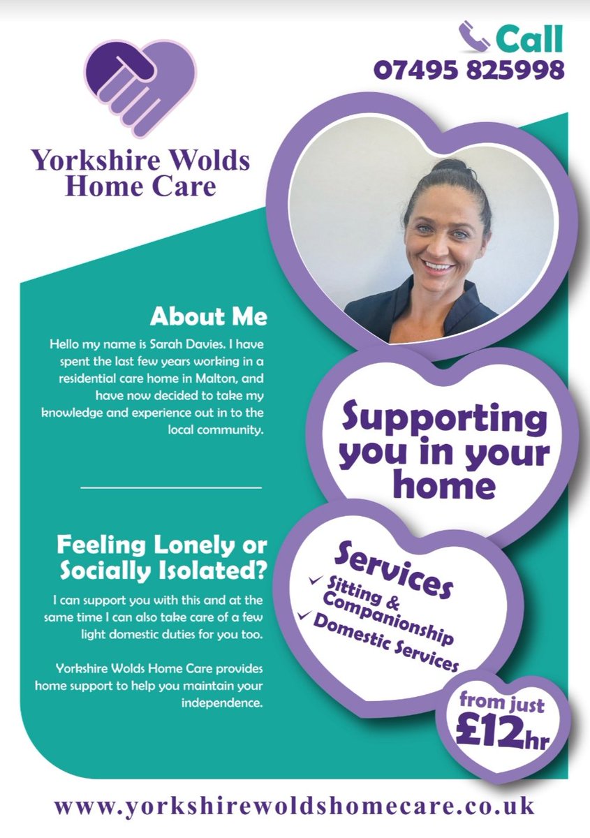 HomeWolds's tweet photo. Take a look at my new flyer, and please feel free to share 😀 Just a snippet here, but much more info on my website 👇 https://t.co/Nys1IEuDOM #loneliness #sociallyisolated #companionship #support #domestic #homehelp #newbusiness #excitingtimes #Yorkshire #Wolds https://t.co/qHpSASnNQp