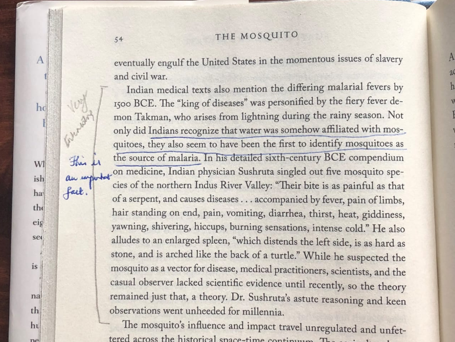 AbhishBanerj's tweet image. Recd on WA : Stunned to learn that Sushruta had identified mosquitoes as the cause of malaria as far back as 1500 BCE.

For the next 3300 years, the West thought that malaria was caused by bad smells (mala aria).