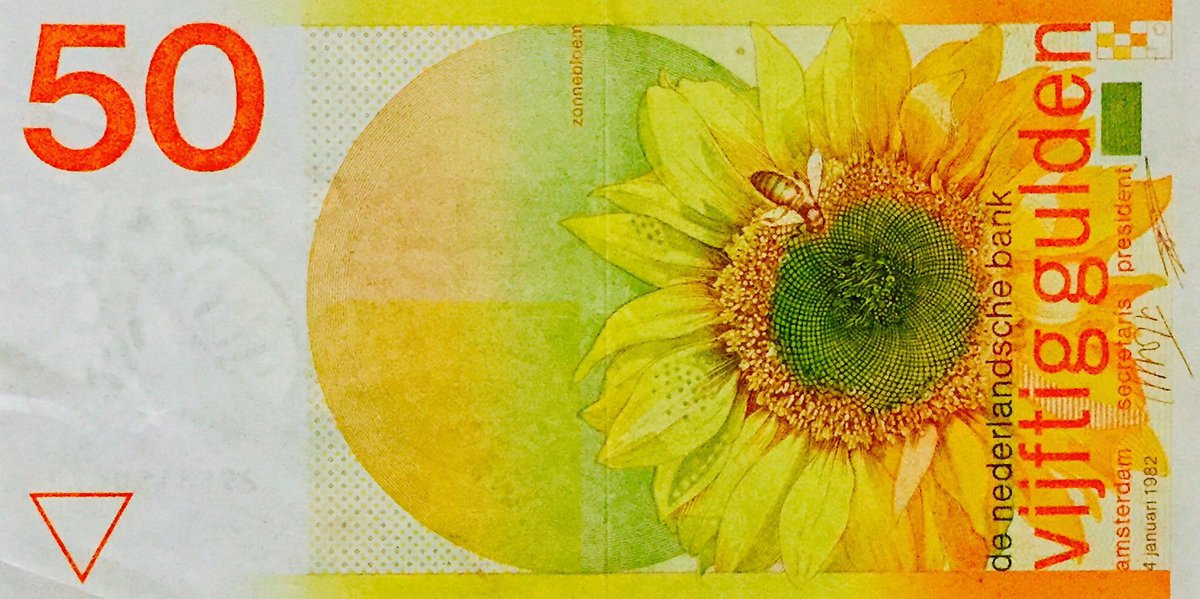 .<a href="/DesignMuseum/">the Design Museum</a> #fontsunday – arguably one of the finest banknote designs ever. #sunflower – the fifty guilder note by #ootjeoxenaar first issued in 1982 and unfortunately withdrawn for the Euro! #dutchdesign #typography #currency