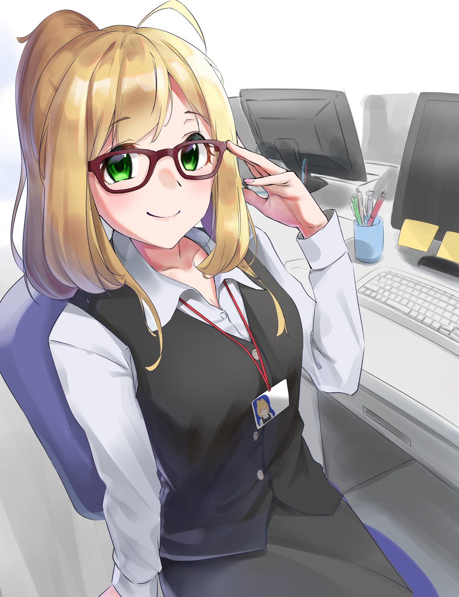 sato shin 1girl office lady green eyes glasses solo ahoge blonde hair  illustration images