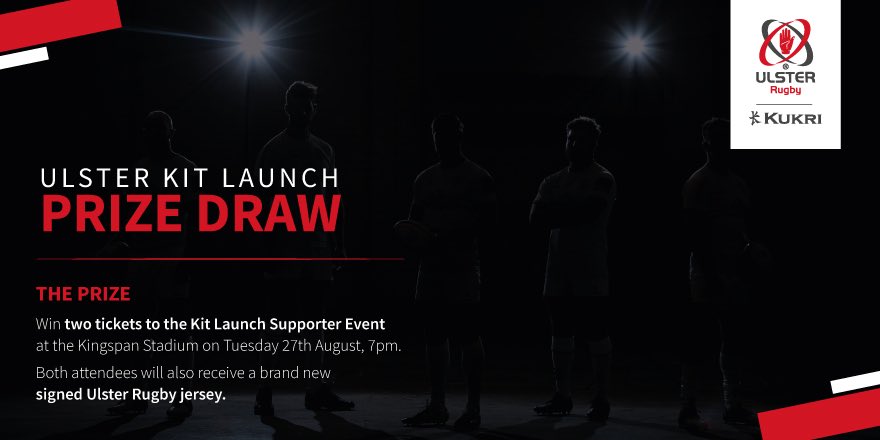 🚨PRIZE DRAW🚨

To celebrate the launch of the new <a href="/UlsterRugby/">Ulster Rugby</a> kit, we’re giving away two tickets to the kit launch supporters event at the Kingspan Stadium on Tuesday evening. Both attendees will also a receive a brand new signed jersey.

To enter, like and retweet this post.