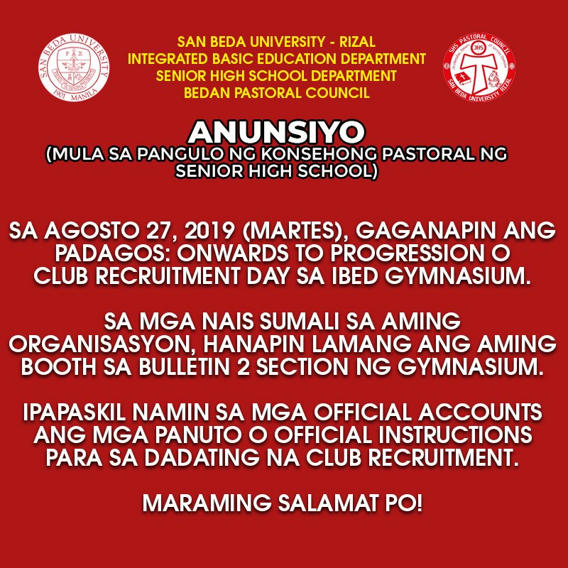 BPCSBUR's tweet photo. Sa dadating na Martes, Agosto 27, 2019, gaganapin ang taunang Club Recruitment na may temang: Padagos: Onwards to Progression sa IBED Gymnasium.
Hintayin niyo po lamang ang anunsiyo tungkol sa proseso ng pag-rehistro sa mismong araw ng Club Recruitment.
#Padagos https://t.co/x3WxOvAbeF
