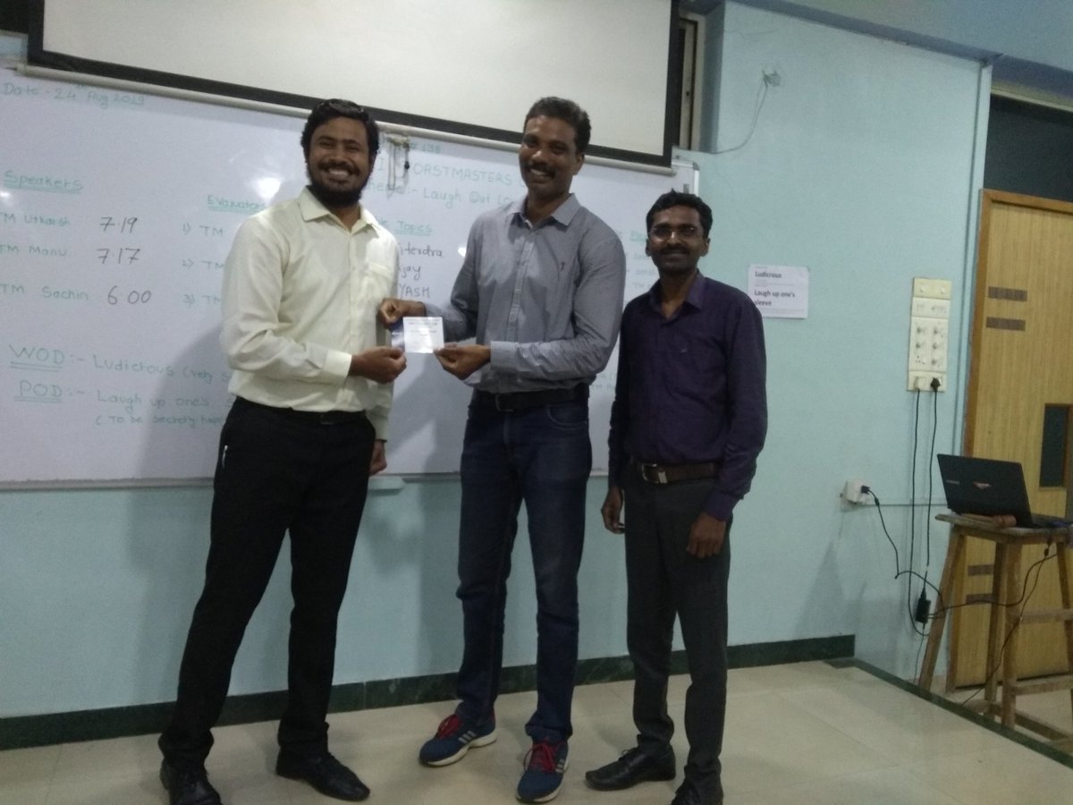 PimpriTMC's tweet photo. 138th meeting of Pimpri Toastmasters Club. 

TMOD-Dnyaneshwar
Theme–Laugh Out Loud
Best Speaker-Manu
Best Roleplayer- Dnyaneshwar(TMOD) and Saloni(SAA)
Best Evaluator-Pramod
Best TT Speaker-Jitender

#PTMC
#Toastmasters
#Its_Your_Turn_To_Speak
#d98tm
#ToastmastersInternational https://t.co/JYROCgmdru