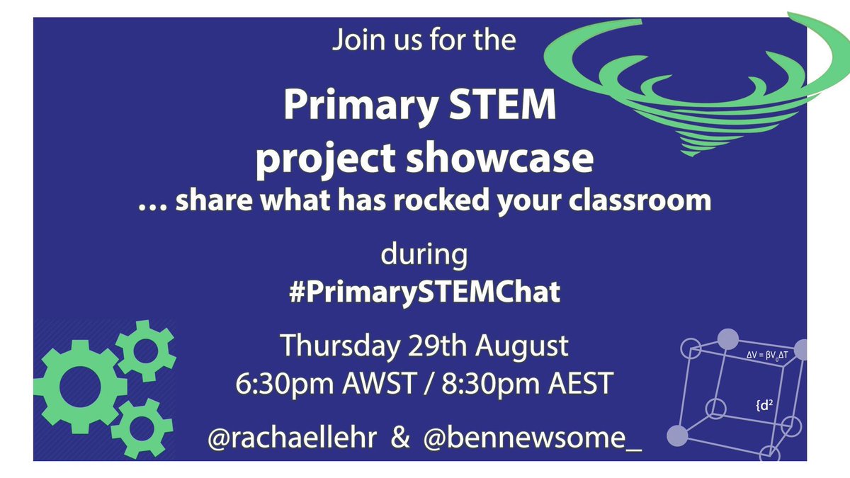 Come and showcase your awesome ideas for #STEM learning during #PrimarySTEMChat this week with guest host <a href="/BenNewsome_/">Ben Newsome</a> 🤩 <a href="/michelle_neil/">Denise Michelle Neil</a> <a href="/trev_mackenzie/">Trevor MacKenzie</a> <a href="/_wandaley/">x</a> <a href="/Glazgow/">Paul Tyler 🔬🔭📡</a> <a href="/_ScottHo/">Scott Ho 👨🏻‍🔬👨🏻‍🏫🦠🤯🍎</a> <a href="/chapmansar/">Sarah Chapman</a> <a href="/Skymazef3/">Heulwen Sweet</a> <a href="/iMerinet/">Meridith Ebbs</a> <a href="/cass_lowry/">Cass Lowry</a> <a href="/ShaneAbell/">Shane Abell</a> <a href="/stekra75/">S.Kraft</a> <a href="/michelledennis/">Michelle Dennis</a> <a href="/tan_crawf/">Tania</a>