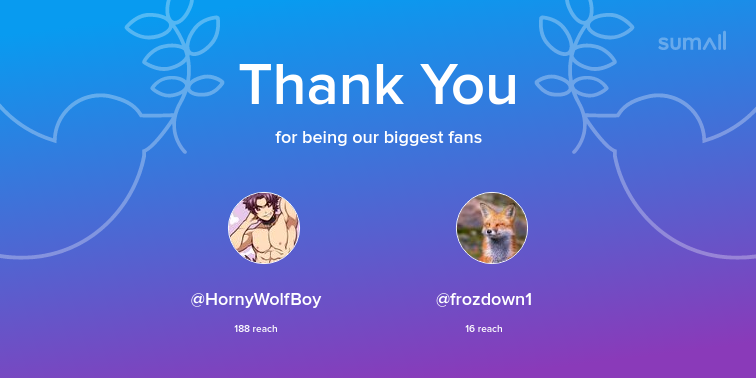 Our biggest fans this week: HornyWolfBoy, frozdown1. Thank you! via sumall.com/thankyou?utm_s…
