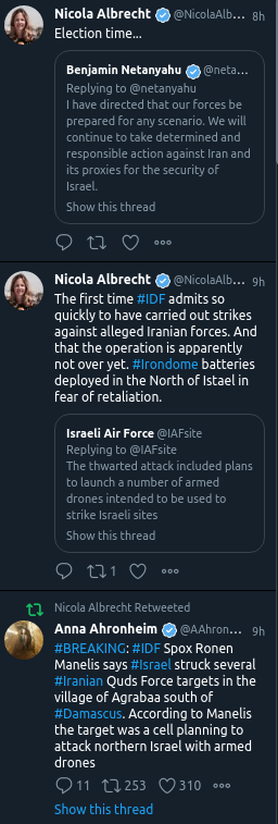 Es stünde @NicolaAlbrecht gut an, würde sie Verwendung von Auslassungspunkten bei bestimmten Themen (meist 'Istael', Trump) unterlassen.
'...' sollen eine Art cleveres Gemurmel darstellen; hier dreht sie Israels PM einen Strick draus dass er sich zu wichtiger Militäraktion äußert