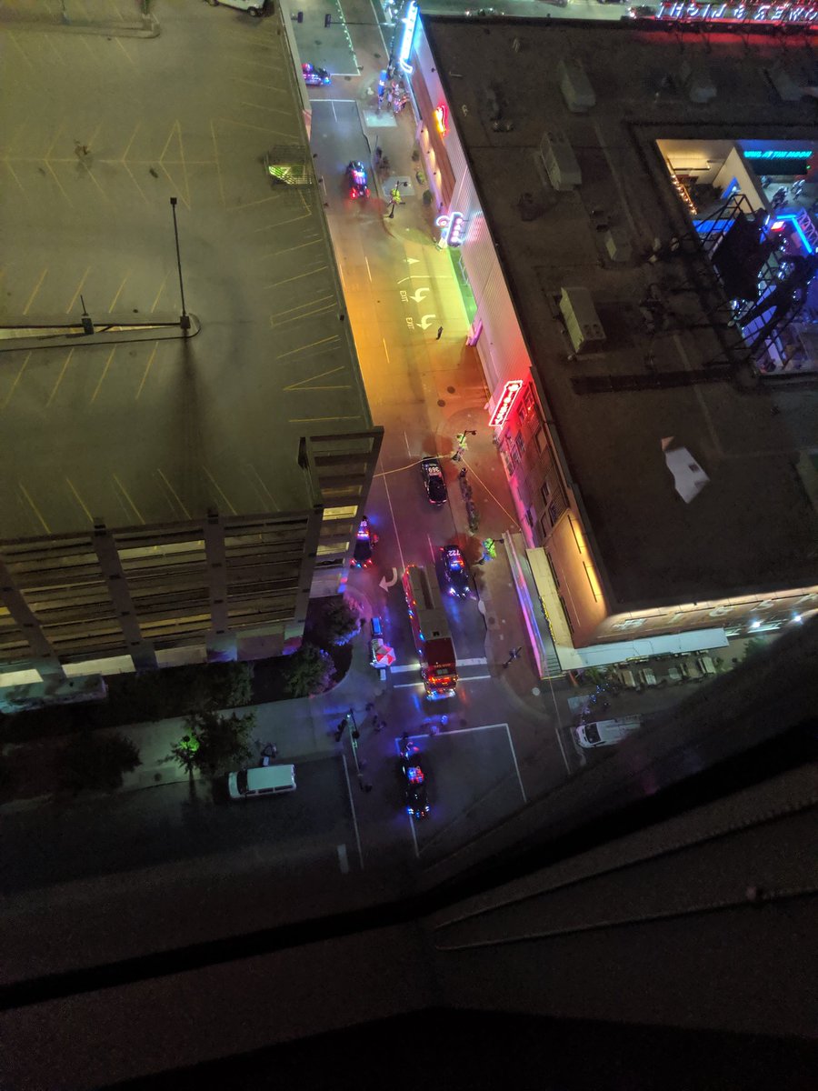 TheLawTom's tweet photo. At least 8 shots fired outside of #KCLive 
At least one person taken away by ambulance. Large area of 13th and Walnut taped off. Anyone know more info? https://t.co/TmjtiEMJno