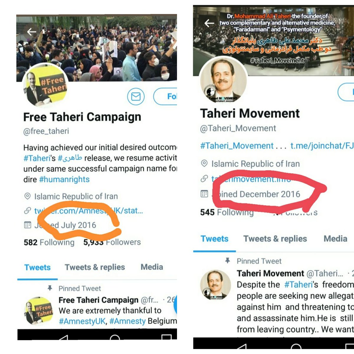 TaheriSpammers's tweet photo. #taheri_movement is spam account voicing requests of Mohammad Ali Taheri's interrogators. The page was opened by the regime immediately after @free_taheri campaign suddenly attracted international followers. 
#عرفان_حلقه #اکانت_ناامن #اسپم #محمدعلی_طاهری
https://t.co/RuUgqxDXz0 https://t.co/CY5CySdfWD