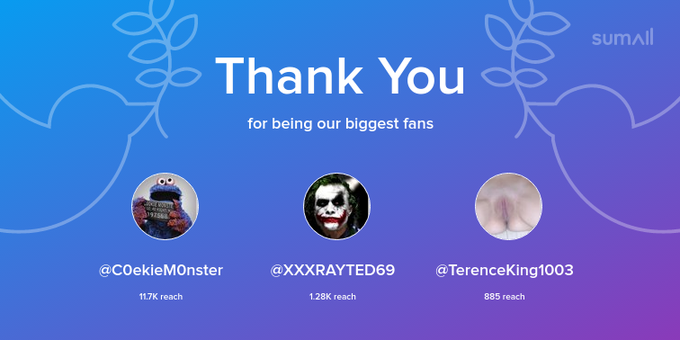 Our biggest fans this week: C0ekieM0nster, XXXRAYTED69, TerenceKing1003. Thank you! via https://t.co/vfXGQ8T5p7