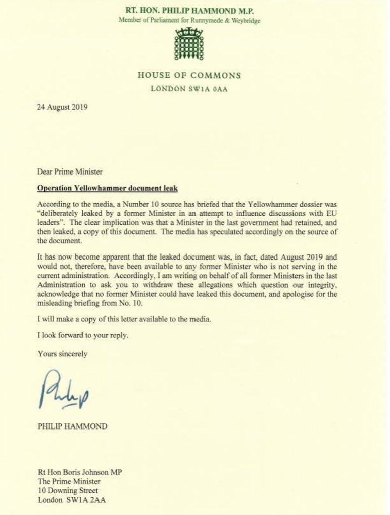 PhilipHammondUK's tweet image. It has now become apparent that the Operation Yellowhammer document leaked last week was dated August 2019, and was not ‘old’. My letter to the Prime Minister: