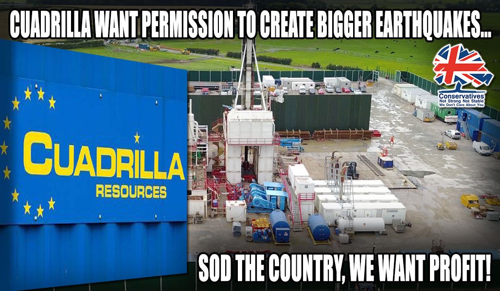 StrongerStabler's tweet photo. The legal limit for earthquakes caused by fracking is 0.5. Cuadrilla just caused one of 2.23 magnitude, one earlier in the week was 1.55! In 60 days of fracking last yr there were 57 quakes - it can't be carried out without causing damage! #StopFrackingNow https://t.co/hYSdNA1Hid https://t.co/pu6aD9r4jE