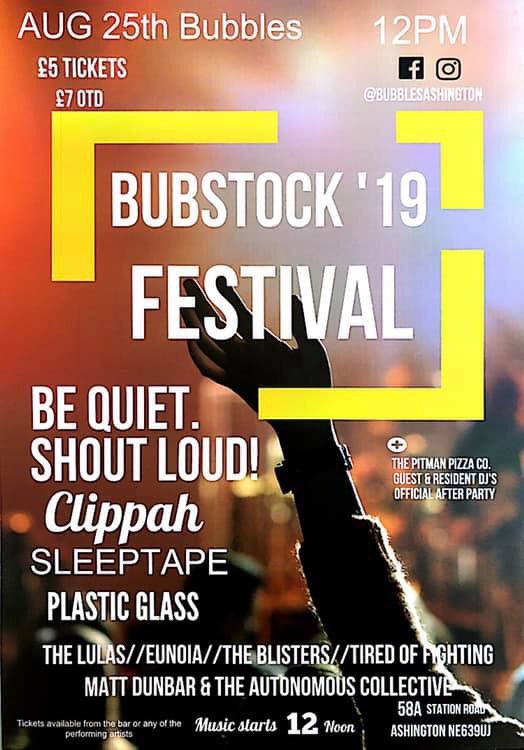 Today at <a href="/BubblesBar/">Bubbles Bar</a> from 12,  Bubstock ‘19. Bands and pizza all day - Ashington Events - facebook.com/events/5289108…