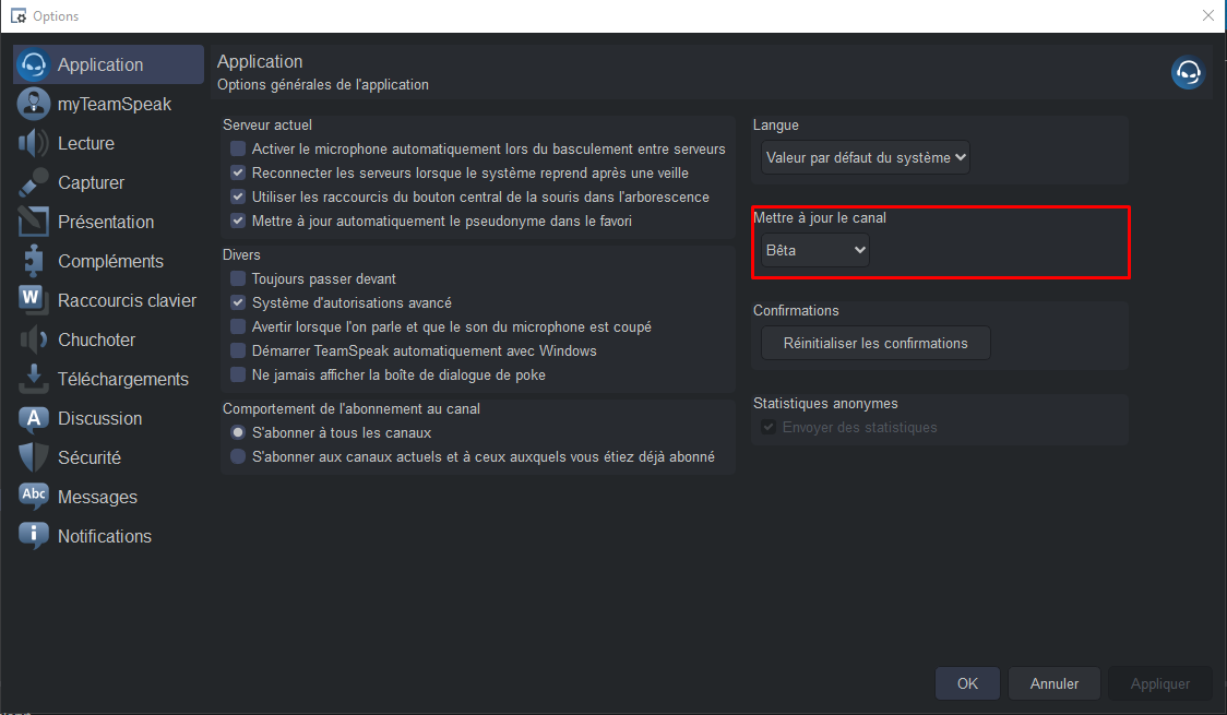 DevTeamspeak's tweet photo. ❔Pour passer du canal Stable au Bêta, il suffit de se rendre dans Outils > Options > Application ; puis de choisir l'option "Bêta". https://t.co/LsxpHjAiJA