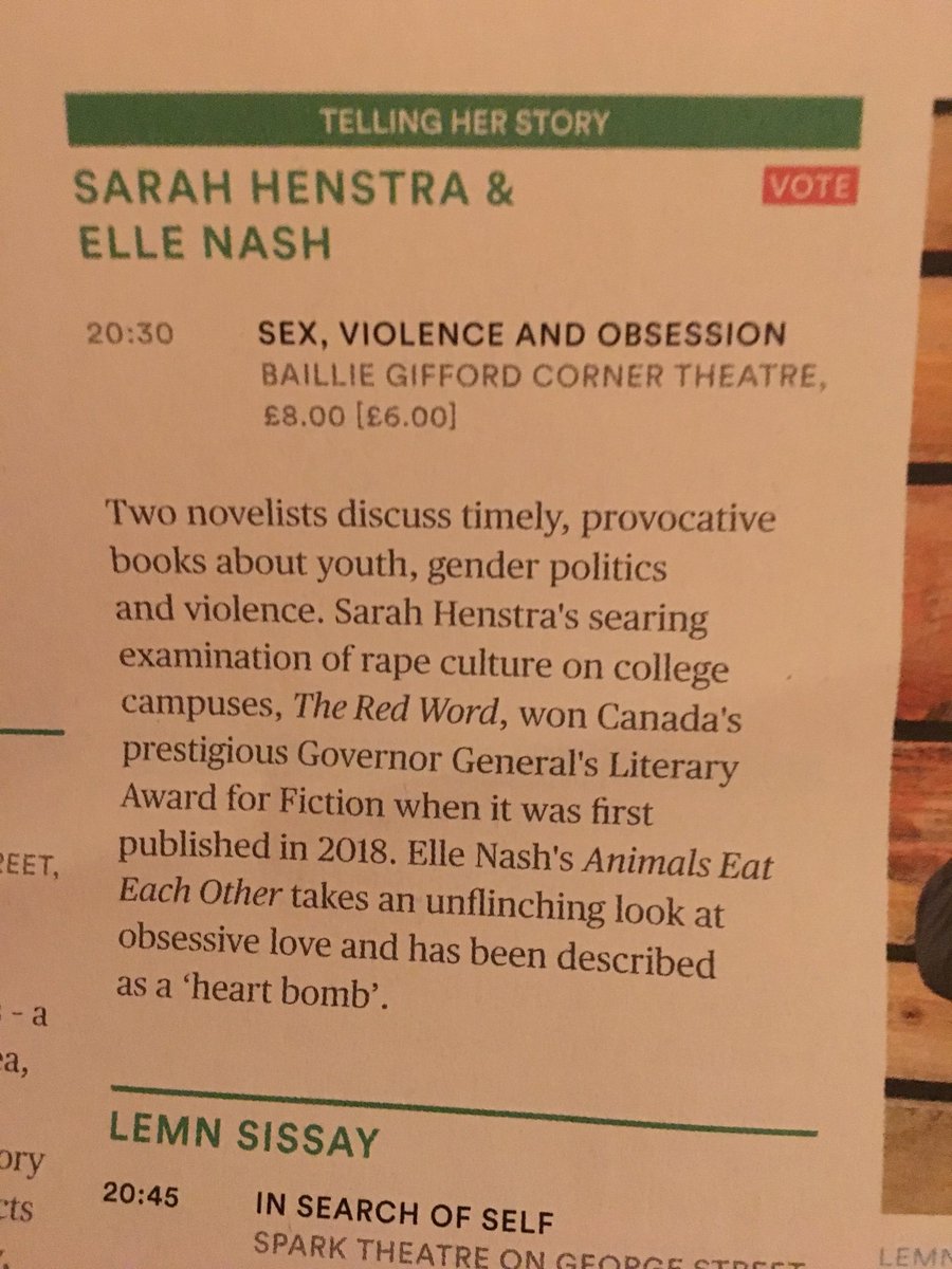 MycroftBrolly's tweet photo. #EdBookFest Sarah Henstra and Ellie Nash on Sex, Violence and Obsession @edbookfest. Was particularly taken by Sarah’s concept of competing houses of radical feminists and fraternities, and the exploration of rape culture on college campuses. So I bought the book! #TheRedWord https://t.co/9PKK4AhEKs