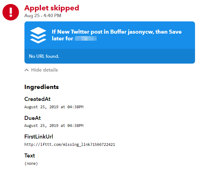 jasonycw's tweet photo. @IFTTT @buffer I see IFTTT cannot pull Buffer Text for a long time and I have tried to reach out to IFTTT for nearly a month and got no response https://t.co/jle5UN1Cm2