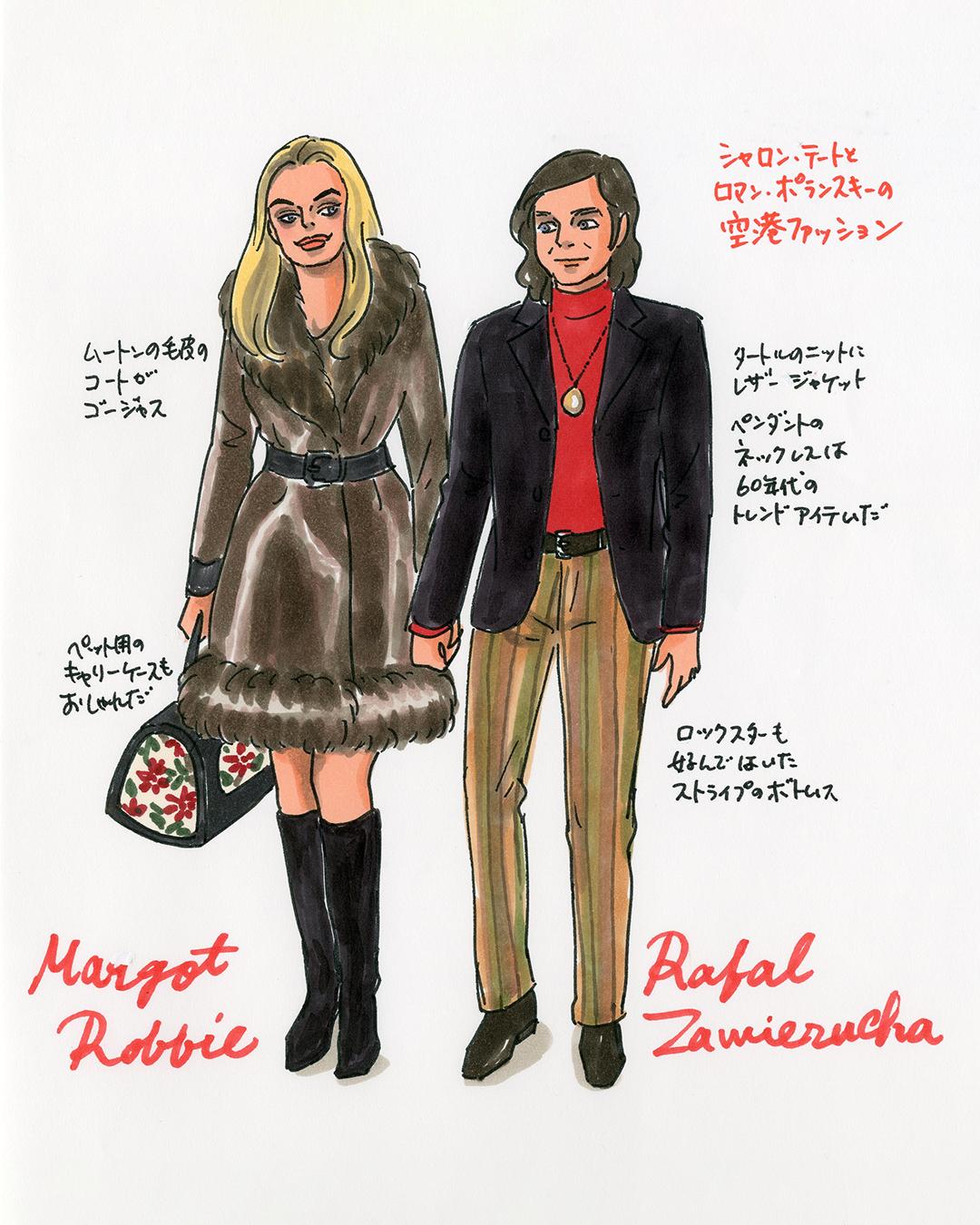 ソニー ピクチャーズ映画 公式 石川三千花の ワンハリ1969 Fashion フラッシュライトを浴びて空港に登場したシャロンとポランスキー監督 襟と裾のファーがゴージャスなコートを着たシャロンと ロックスターのようなストライプパンツをはいたポラン