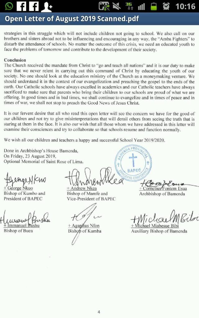 Mesonge's tweet photo. Four page open letter from the Bishops of the Bemenda Ecclesiastical Province #BAPEC. They have had enough of school boycott. This letter is highly critical of #AmbaBoys, diaspora and #Cameroun military. I await the response of the parties cited. #AnglophoneCrisis #SCameroons https://t.co/EiEGwcsMrT