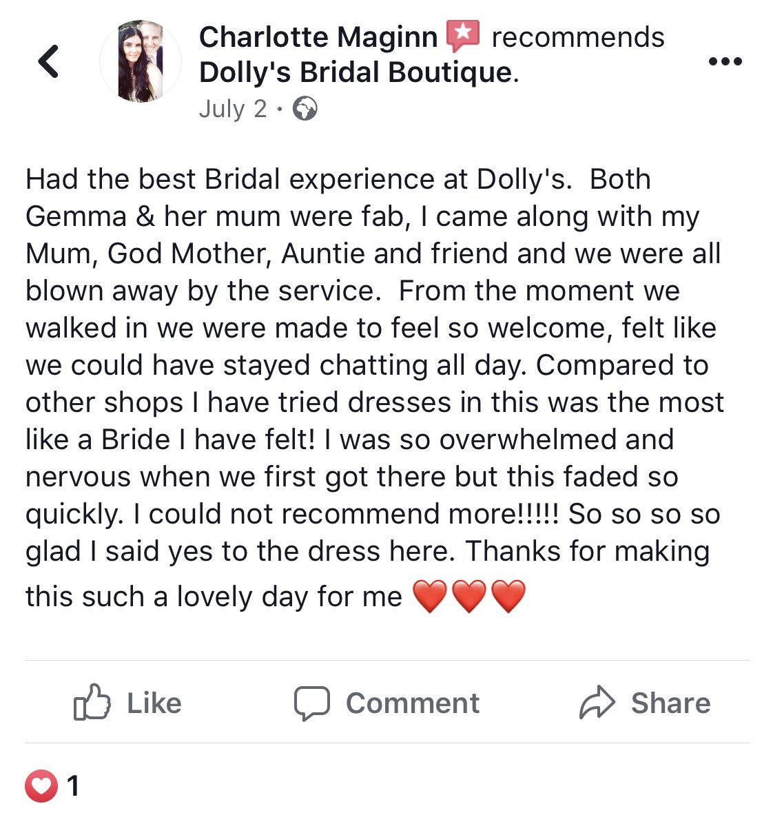 We are so proud of our little bridal boutique. Thank you beautiful Charlotte for your kind words. It’s meeting girls like you that make us love our job. Who’ll be our next Dolly Bride? 💕👰🏻
.
.
#bridetobe #engaged #yestothedress #bridalwear #designerbridal #bedfordshire #bedford