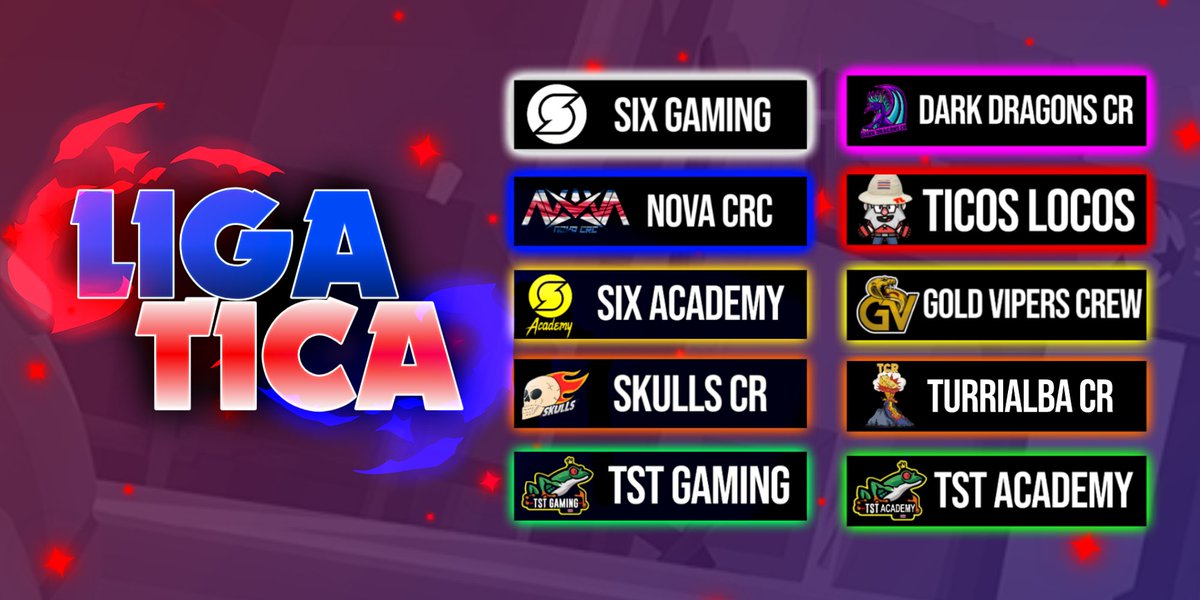 📒 | ¡Estos serán los 10 equipos ticos!
• <a href="/SixGamingCR/">SixGaming™</a>

• <a href="/CRCNova/">Nova CRC</a>

• <a href="/Six_AcademCR/">SixAcademy</a> 

• @SkullsCR

• <a href="/TicosStars/">Ticos Stars</a> 

• <a href="/DarkDragonsCR1/">DarkDragonsCR</a> 

• <a href="/LocosTicos/">Ticos Locos</a> 

• @ViperTeamCRC 

• @CRTurrialba

• <a href="/TicosStars/">Ticos Stars</a> Academy