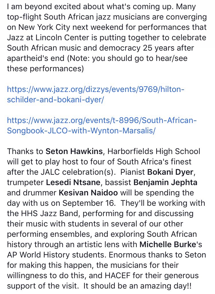 DanBilawsky's tweet photo. Sooooo excited to have @BokaniDyer @MrNtsane @benjaminjephta and #KesivanNaidoo out to @HarborfieldsHS in one short week!! Big thanks to Seton Hawkins for coordinating this and #HACEF for their generous support. https://t.co/uCd70KsyT9