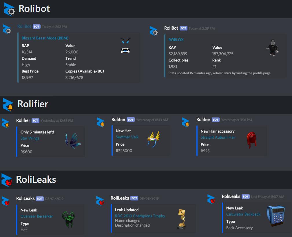 Rolimon S Roblox Analytics On Twitter We Added A Page For Our Discordapp Bots For Roblox Rolifier And Rolifierlite Provide Roblox Item Notifications Rolileaks Provides Item Leaks And Leak Update - roblox high demand items