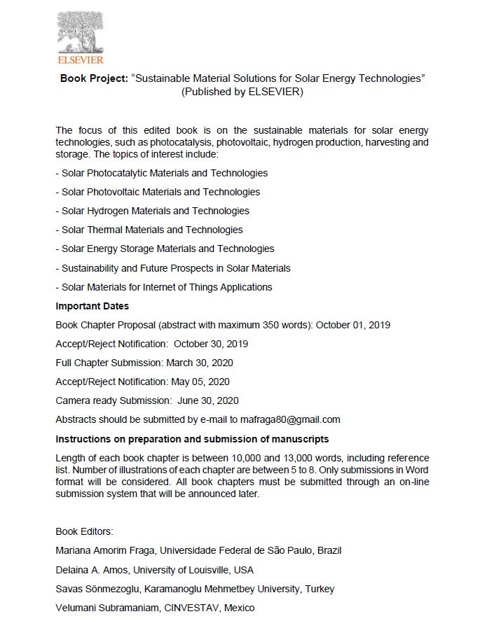 fraga_mariana80's tweet image. Call for Chapters - Edited book: “Sustainable Material Solutions for Solar Energy Technologies” (Elsevier) #solarenergy #sustainablematerials #solarmaterials #materialsscience #photovoltaic #photocatalysis