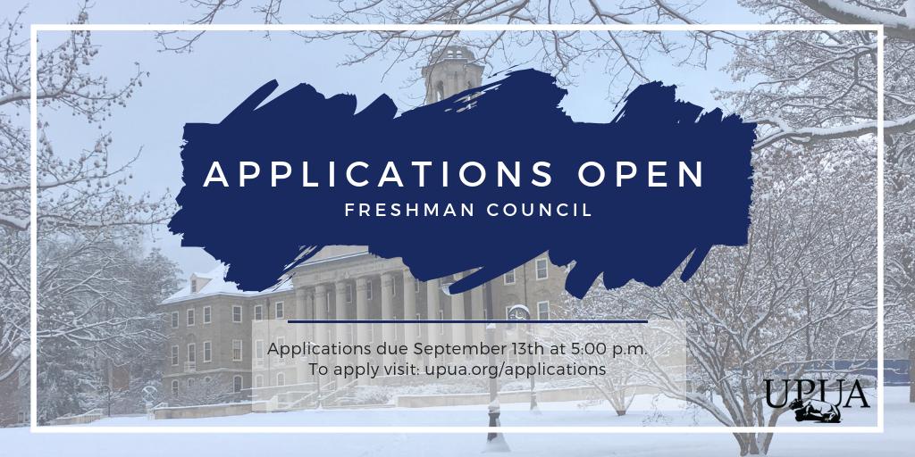 UPUA's tweet photo. Tomorrow is the day... Freshman Council applications are due tomorrow at 5:00 p.m. 

Apply now at https://t.co/gBNmCa7RAc https://t.co/QHI85KPdsJ