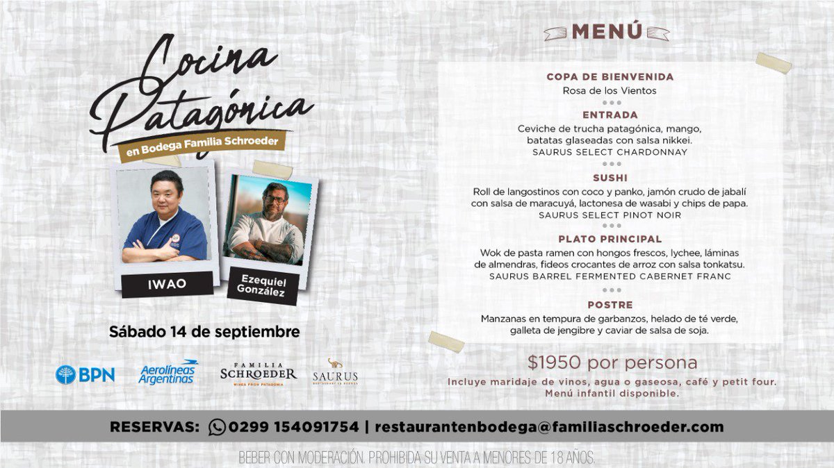 Saurus Restaurant en Bodega y Banco Provincia de Neuquén te invitan a un nuevo ciclo de Cocina Patagónica.
RESERVAS: 0299 154 09 1754 - restaurantenbodega@familiaschroeder.com
#BodegaFamiliaSchroeder #SaurusRestaurant #CocinaPatagonica #Patagonia #VinoArgentino #Gastronomia