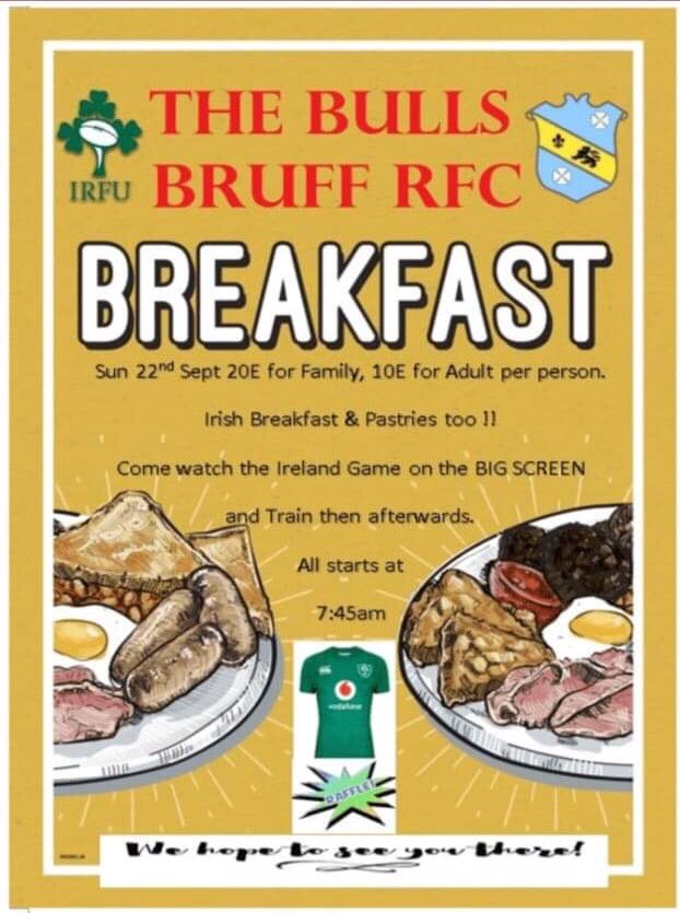 tkcbruff's tweet image. BRUFF RFC FUNDRAISER ...... tickets are on sale now and need to be purchased before Sunday 15th September as to know numbers for THE FULL IRISH ... come on and watch the match 🇮🇪v🏴󠁧󠁢󠁳󠁣󠁴󠁿🏉 in a lively atmosphere as you tuck in to your breakfast with JOHN THE BULL HAYES .