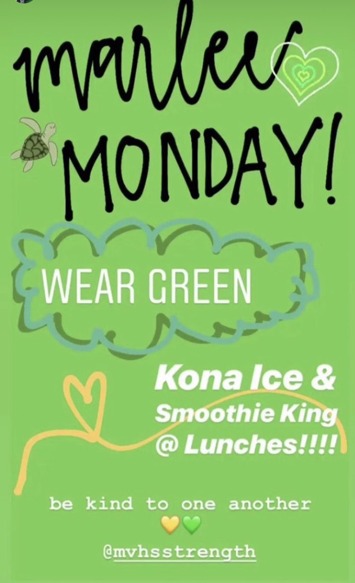 MVHSJaffe's tweet photo. 💚💚💚💚💚💚💚💚💚#marleemonday #marleessmile #bekind #randomactsofkindness https://t.co/ousHNX0rOV