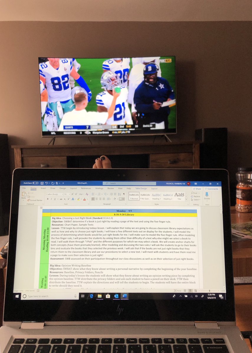 Love Sundays during football season! Week 1 of school complete and finally feeling back in a routine. Watching football while lesson planning for the week! <a href="/CBMillCreek/">CBMillCreek</a>