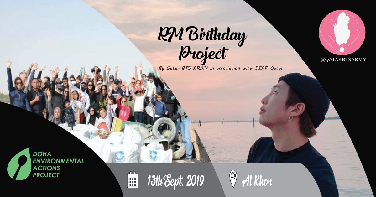 QATARBTSARMY's tweet photo. 🇶🇦 In honor of Namjoon's birthday, we will be joining with Doha Environmental Actions Project (DEAP) to fight plastic pollution!🌴

Join us for beach cleanup at Al Khor! ⛱️

This Friday, Sep 13!

📑Fill this form! [https://t.co/ak3R7ABb2i] 

DM us and DEAP for more info! https://t.co/ftaYcesLFf