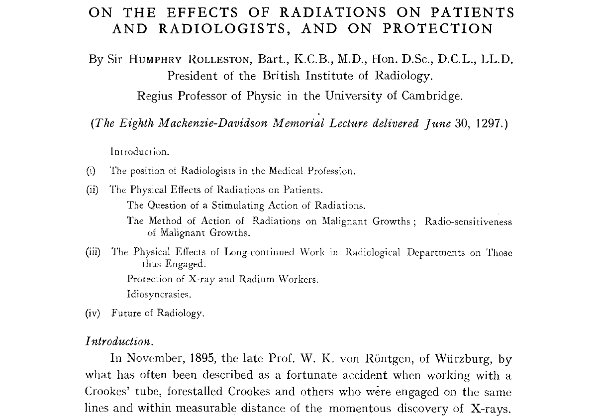 PattyDiezH's tweet photo. Came across a 1927 paper by Sir H Rolleston, Physician to the King, on the effects of radiation on pts &amp; radiologists. Of special interest, the importance of protection &amp; how the 1st UK rad protection recommendations (1st in the world!) came about #radonc https://t.co/clh8dy5AqU https://t.co/L8mKDcFqbN