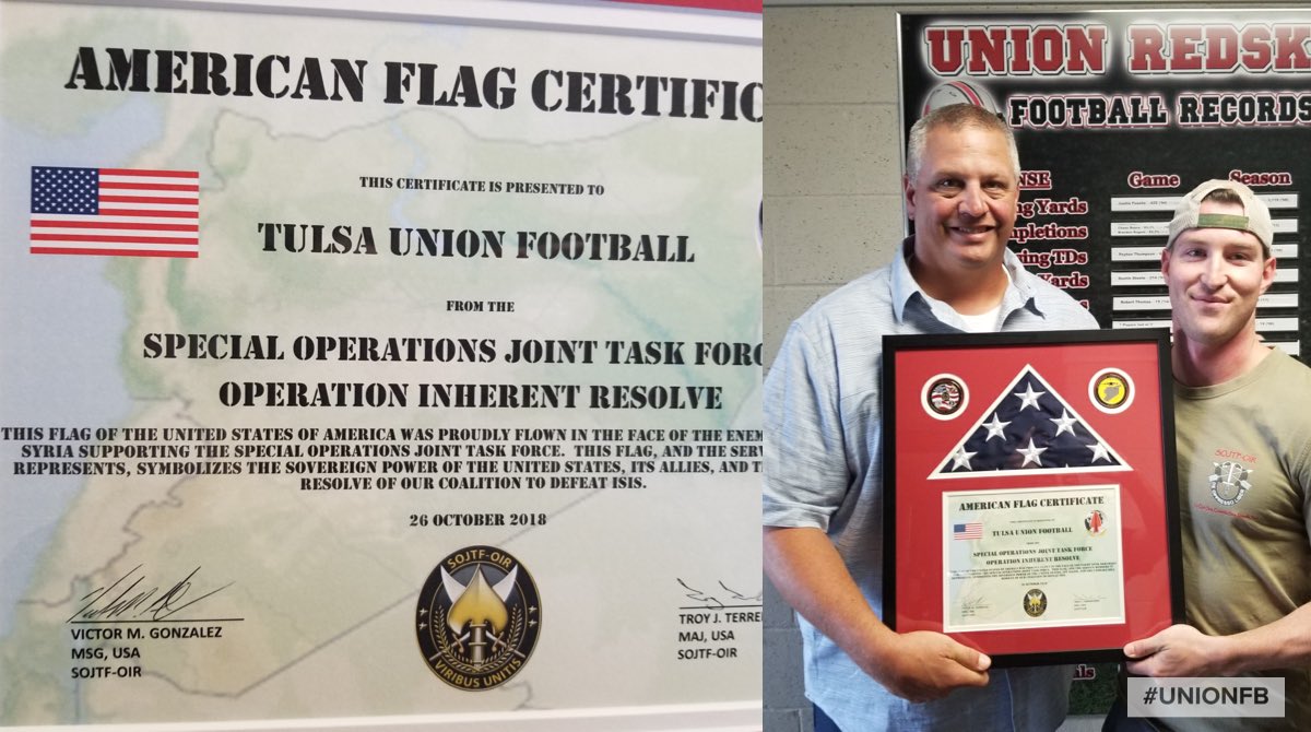 Coach Fridrich &amp; #UnionFB received a special honor from former #UnionFBAlum QB &amp; State Champion, Kale Pearson, who presented this flag to our team today.  Kale currently serves as an officer in the Air Force.  Truly honored, Kale.  Thank you.