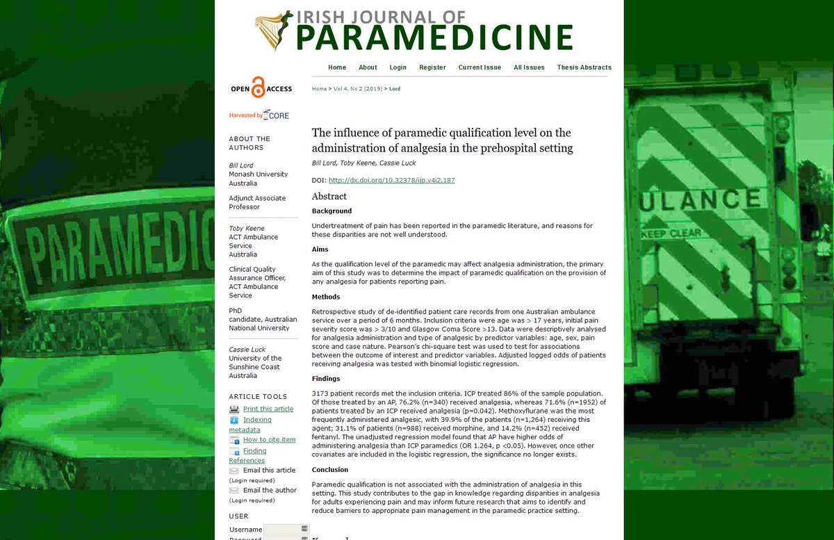 The influence of paramedic qualification level on the administration of analgesia in the prehospital setting. Read free now at doi.org/10.32378/ijp.v… #paramedic #research #FOAMems HT @irishjparamed