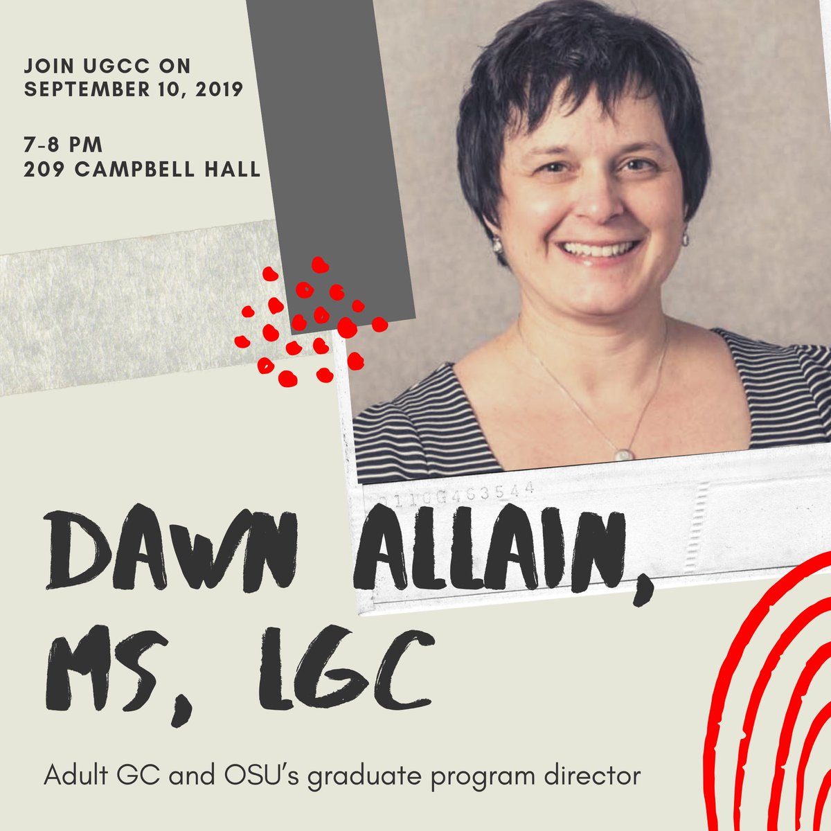 Reminder that we will be having a meeting this Tuesday, September 10th at 7-8 Pm in room 209 of Campbell Hall! 

Come out to hear from adult genetic counselor and OSU’s graduate program director, Dawn Allain, MS, LGC! See you all there!🧬