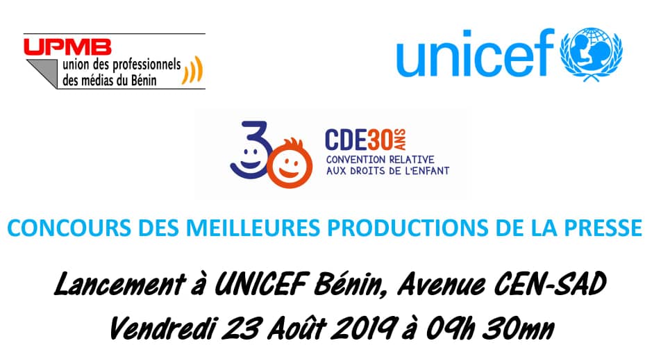 L'UPMB invite les professionnels des médias à participer massivement au concours des meilleures productions sur les droits de l'enfant. Dernier délai pour le dépôt des productions : 15 octobre 2019 à 17h. Des prix intéressants en jeu. <a href="/UNICEF_Benin/">UNICEF Benin</a> @ortb_info <a href="/wasexo/">Wa sé xo</a> <a href="/gouvbenin/">Gouvernement du Bénin 🇧🇯</a>