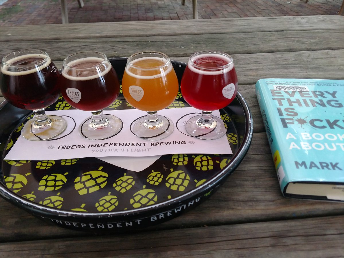 thebeerthriller's tweet photo. Avoiding watching the end of the @Bengals game, enjoying a great flight from @TroegsBeer and reading a great book by @markmanson . #booksbehindbeers #whodey #thebeerthrillers #beerflight #CraftBeer #hershey #futurebeerreviews #checkouttheblog https://t.co/Nnw2C75cwg