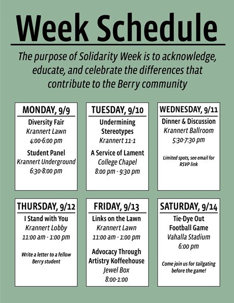 Solidarity week kicks off tomorrow! This is a great way to get involved in the Berry community, be on the lookout for these different events!