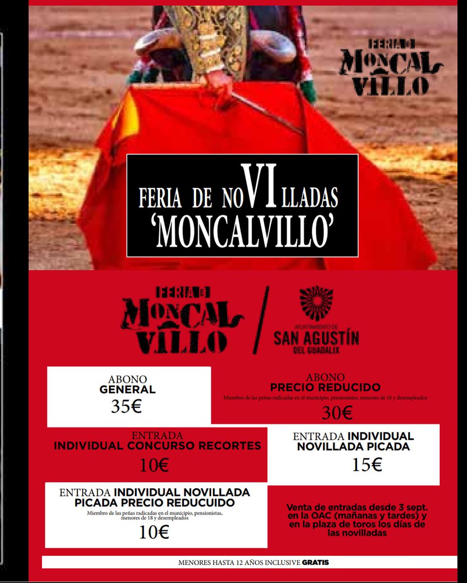 SanAgustinFeria's tweet photo. 📣📣📣Venta de entradas📣📣📣
📅 Lunes 9, Martes 10, Miércoles 11 y Jueves 12
🕘 16 a 20 h
👉 Oficina OAC @AytoSanAgustin 
📅 Desde el Viernes 13 
🐂 Plaza de toros Antonio Ronda Ortiz https://t.co/iIM7XyLaKs