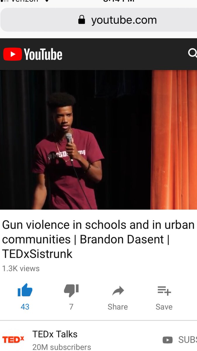 BrandonDasent's tweet photo. I did a TED TALK! :) https://t.co/BHKlBTmB80 Lets start a conversation. @TEDx #BlackLivesMatter #Neveragain #GunControlNow #MyLastShot https://t.co/2OrRK1I4CK