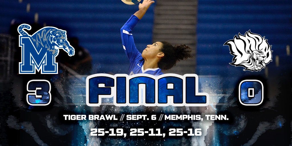 MemphisVBall's tweet photo. Tigers win! Tigers win (again)! @MemphisVolley with 3-0 victory over @UAPB_VB Friday night and improve to 5-0 on the season. @MemphisVolley faces @utmvball for the Tiger Brawl championship Saturday at 1 pm CT at the Elma Roane Fieldhouse. #GoTigersGo https://t.co/ZT8EYLLx79