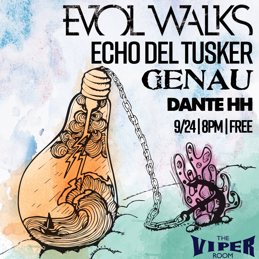 theVIPERroom's tweet photo. 💥FREE show coming at ya on 9/24! The Viper Room Presents: @DanteHellhounds, @EchoDelTusker, @EvolWalks &amp; @Genau.Official! 🤘🤘
.
#TheViperRoom #TheSunsetJam #ViperAF #Hollywood #SunsetStrip #LA #WestHollywood #LiveMusic #HollywoodMusic #LocalScene #LALocals https://t.co/MQWzJtHYbP