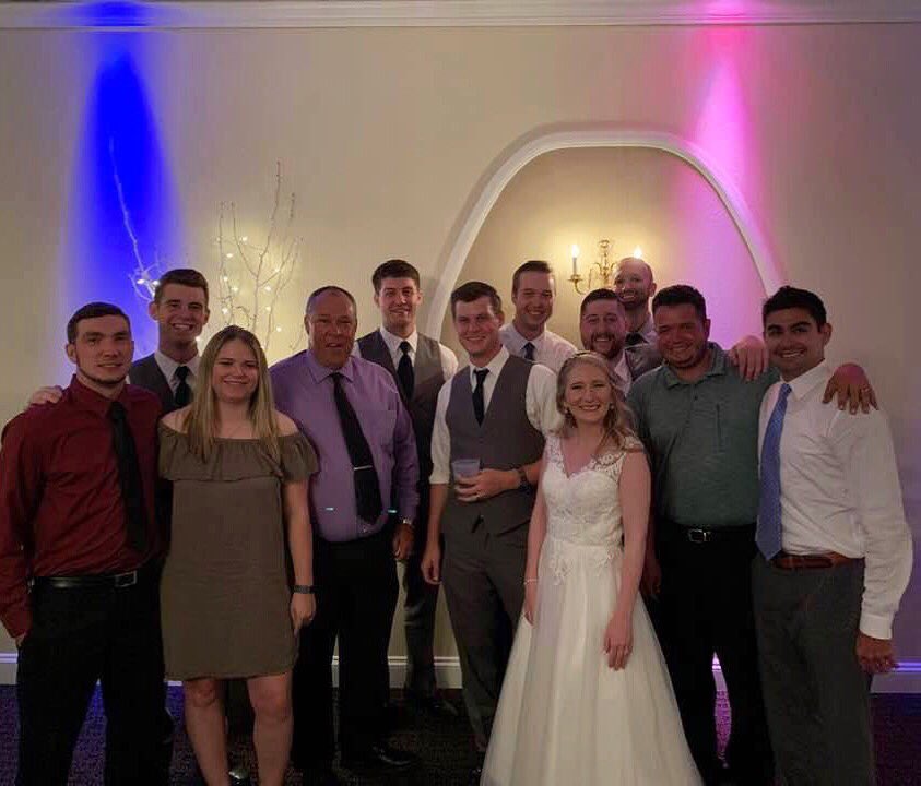 LURollerHockey's tweet photo. Congratulations to Lindenwood Roller Hockey National Champion Nathan Uetz on his marriage this weekend! To talk about the #luroller family is one thing, to see it captured in a photo like this years after the skates have been hung up... is magic. #luforlife #lufanmily https://t.co/rRccTQm4av