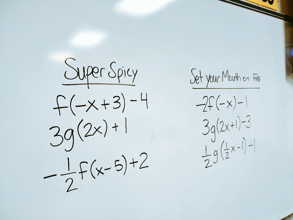 mathequalslove's tweet image. Choose your own adventure meets sketching transformations in Algebra 2. Students chose problems from Mild, Medium, Spicy, Super Spicy, and Set Your Mouth on Fire. Then, they checked their sketches using @Desmos. #mtbos #iteachmath #alg2chat #iteachalgebra #teach180