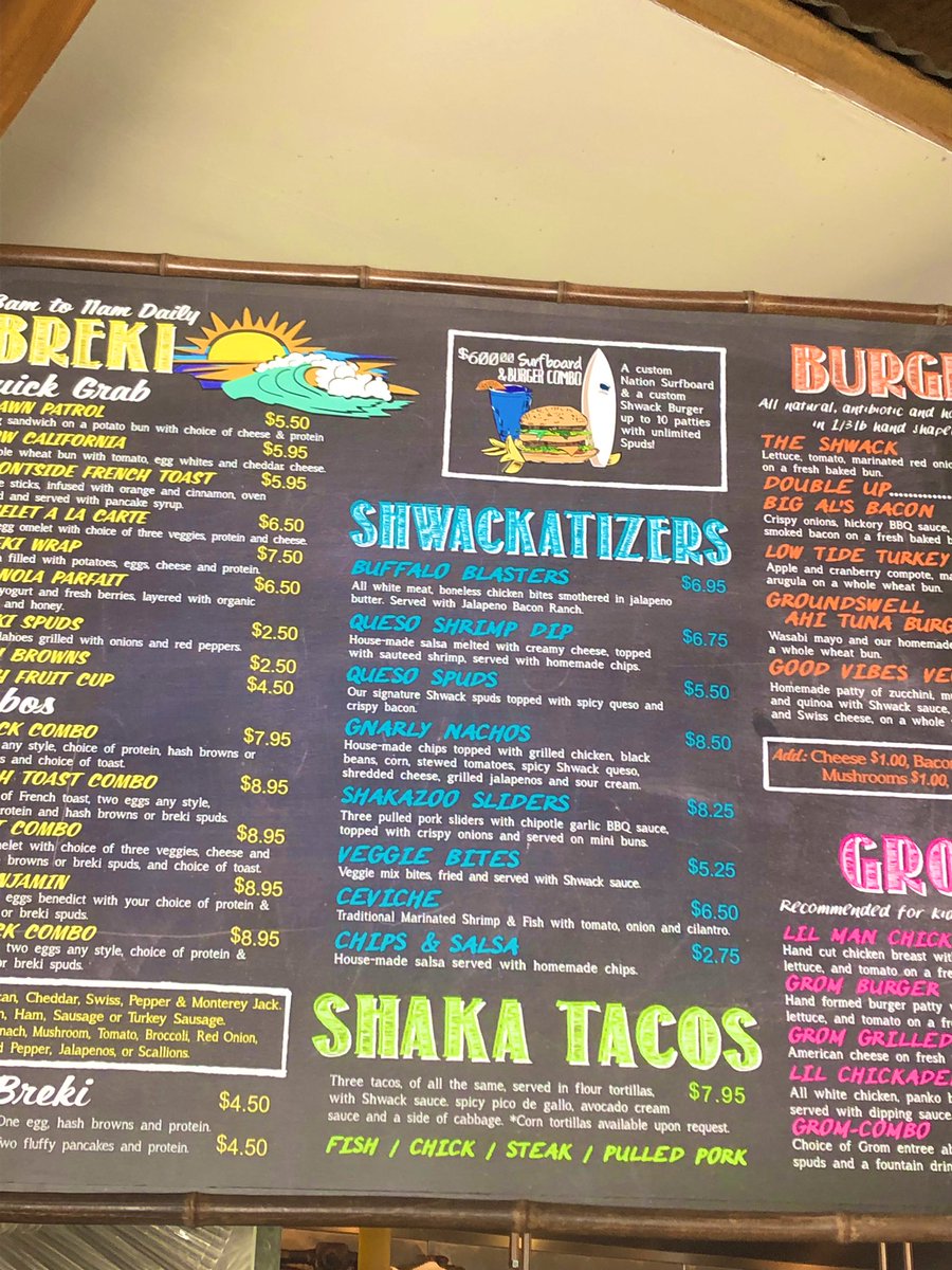 Michsteer's tweet photo. I took my daughterโs boyfriend to The Shwack -(a cross between "shack" and "schwack", the term surfers use for the sound of a surfboard hitting the water.)Itโs so nice- natural foods, lots of craft beers, and has the feel of a beach shack. #schwack #food #FridayMotivation https://t.co/uNkY8YAavB