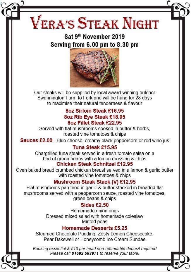 MealesCoffee's tweet photo. VERA'S STEAK NIGHT
Sat 9th Nov serving 6pm - 8.30pm

Booking essential, call us on 01692 583971 to reserve your table

#steak #steakdinner #steaks
#filletsteak #ribeyesteak #rumpsteak #fillet #ribeye #rump #NorfolkFoodies #NorwichFoodies #Stalham #Norfolk #Norwich #NorfolkBroads https://t.co/wpuve0LNNO