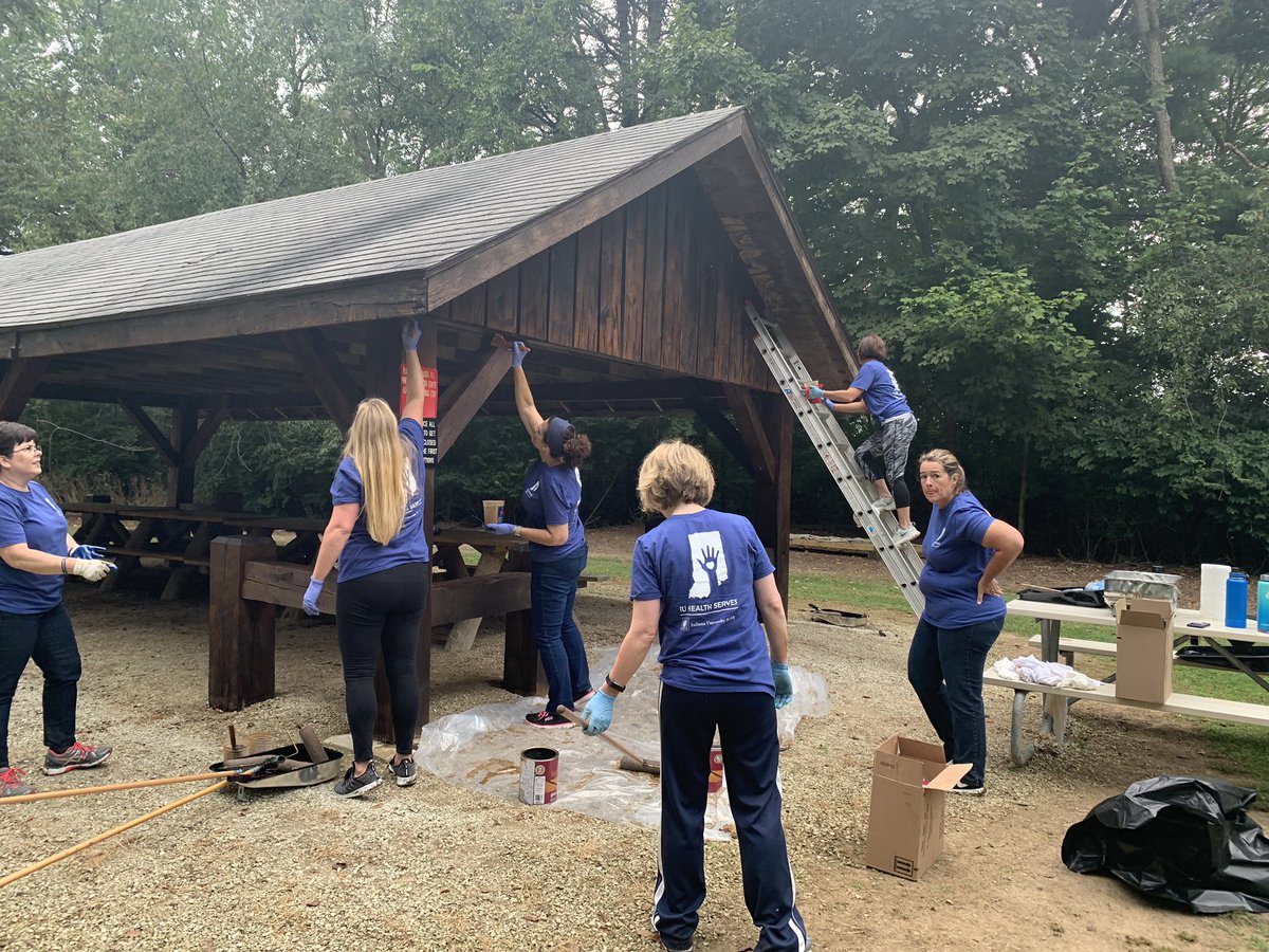 Ccox8Cox's tweet photo. What a great time our nursing team @IUHealthTeam  and @IUHealthECR had staining shelters today @campadventurein ! So glad to make this awesome camp even better #HighFiveFriday https://t.co/mbjFQT127D