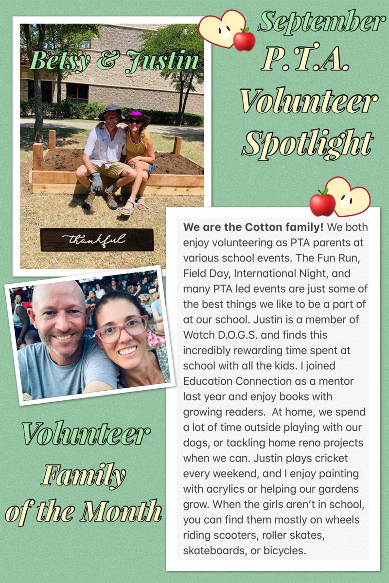 CHEPTAEagles's tweet photo. This year, our #PTA will be celebrating our fantastic school volunteers by selecting a family for our #PTAVolunteerSpotlight each month. This month, our #VolunteerFamilyoftheMonth is Betsy &amp; Justin Cotton—Meet the Cotton family! ❤️ #CHEPTA  #ShowingThanks #VolunteerAppreciation https://t.co/jrVgrq0VZ8